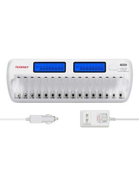 16-Bay Battery Charger for AA/AAA Rechargeable Batteries with AC & Car Adapters